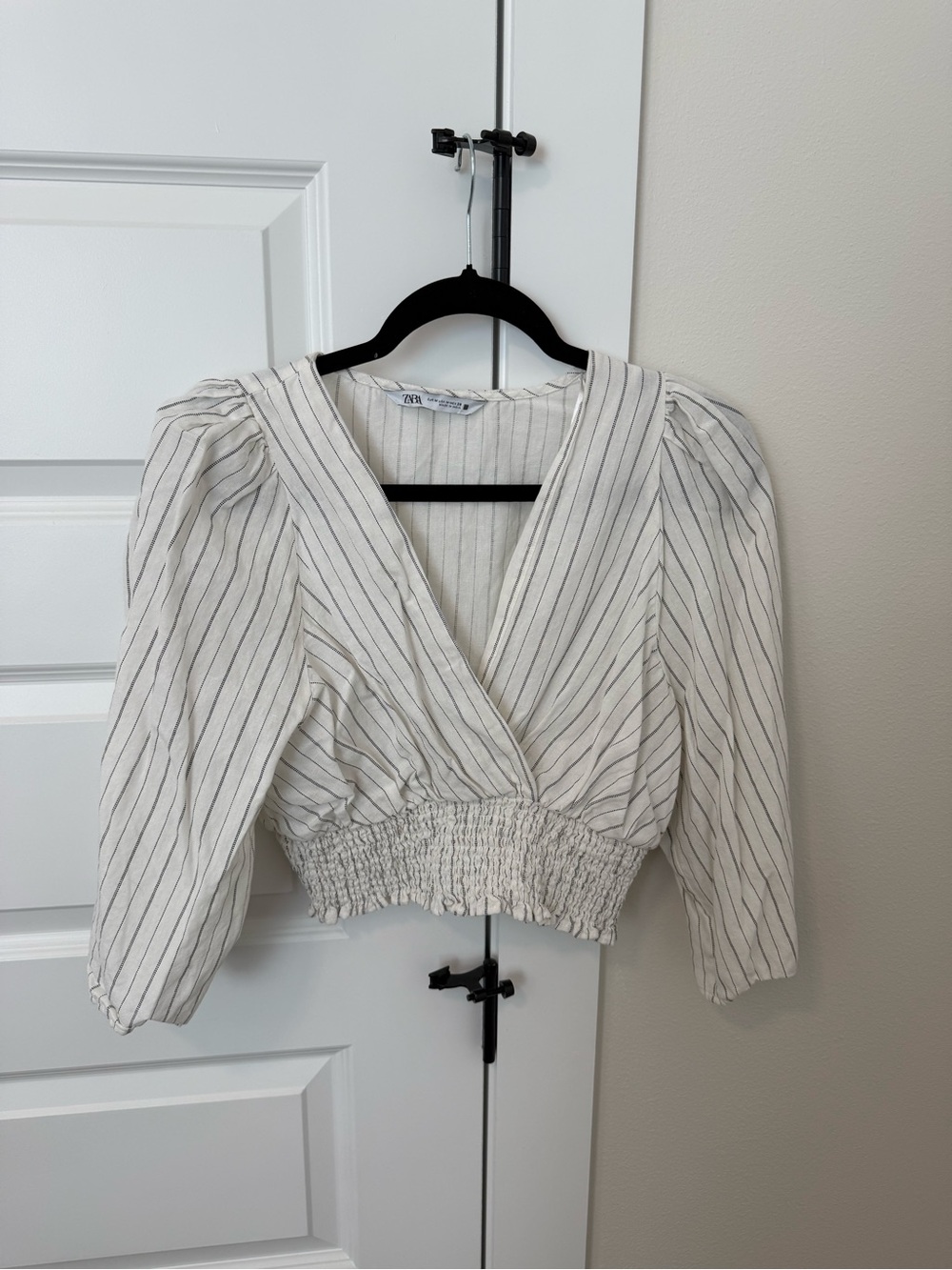 Zara Cream White Pinstripe Wrap Smocked Waist Blouse